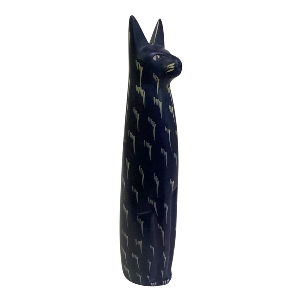Vintage Hand-Carved Soapstone Cat Figurine Etched African Kenyan Sculpture - Picture 6 of 6